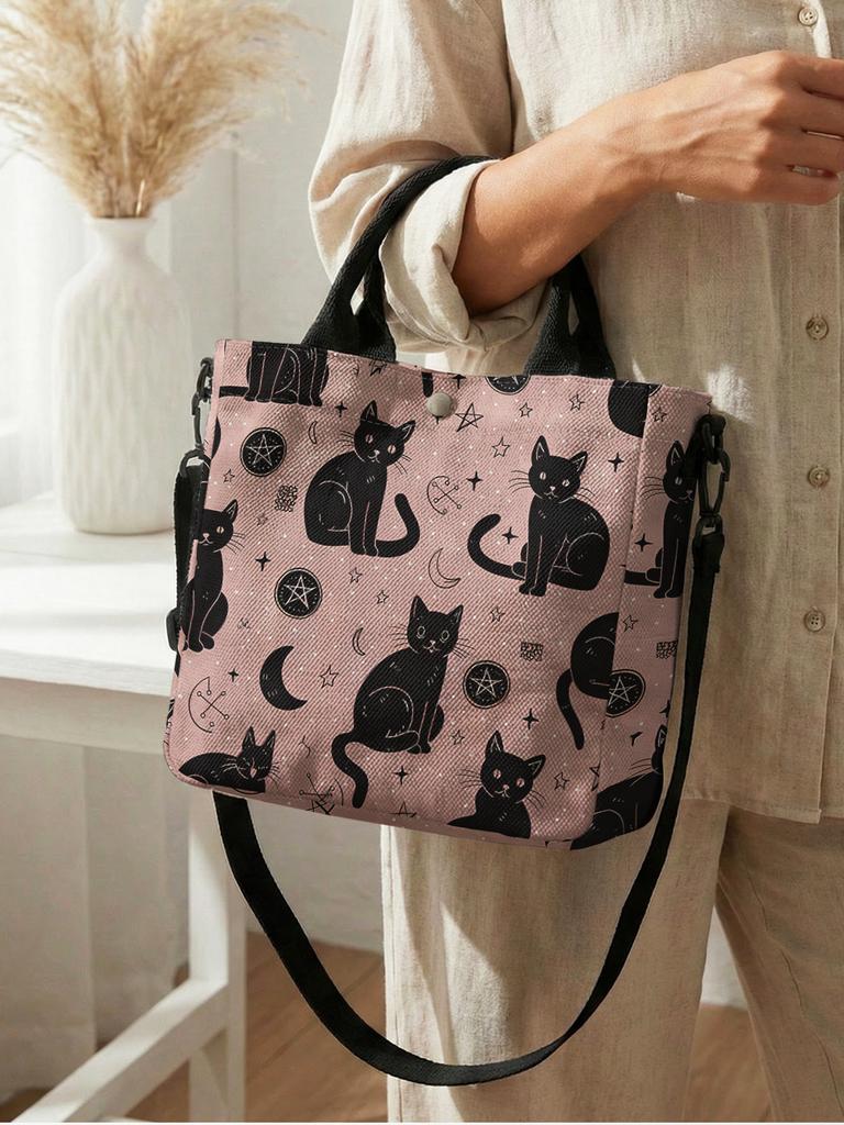 Witchy Black Cat Moon Star Print Pink Canvas Tote Bag Detachable Strap Crossbody Handbag For Women Daily Shopping