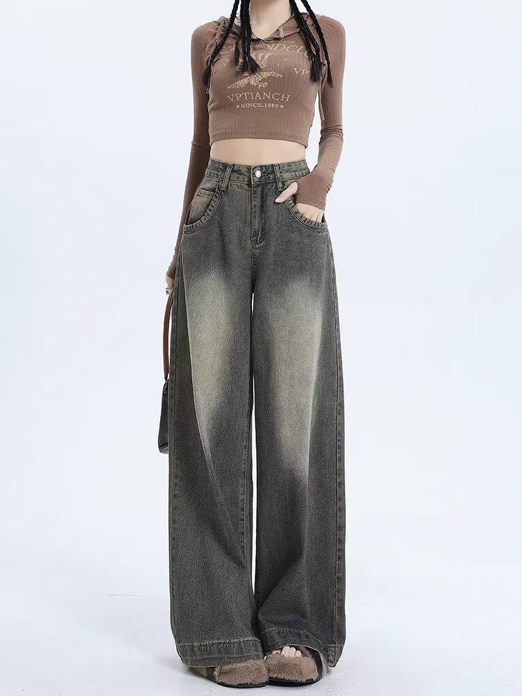 Women s High Waist Loose Wide Leg Distressed Retro Jeans XS