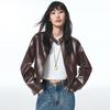 Women's Gold-Button Cropped Stand-Collar PU Biker Jacket
