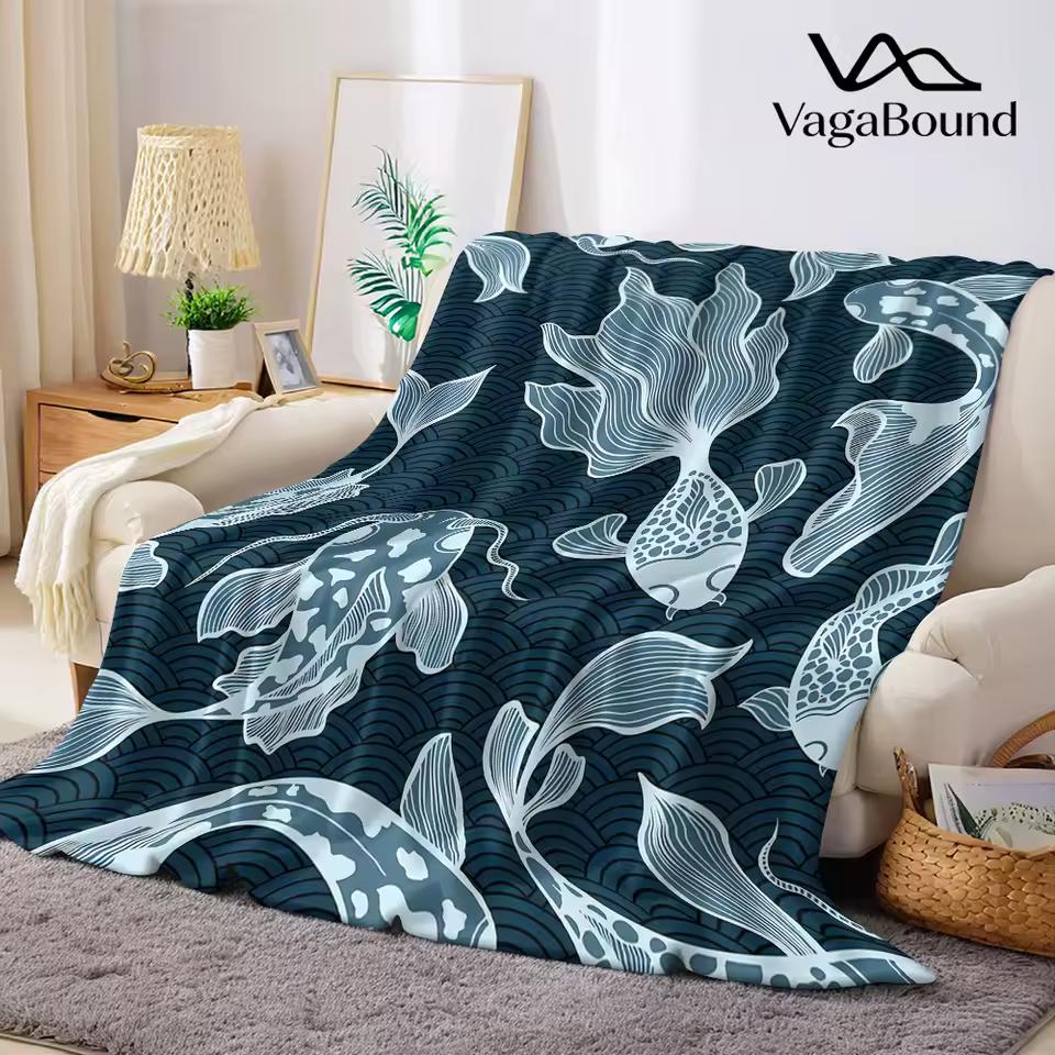 Koi & Wave Flannel Blanket Warm Soft Halloween Christmas Couch Warm Cozy Decorative Decor Gift for All Season
