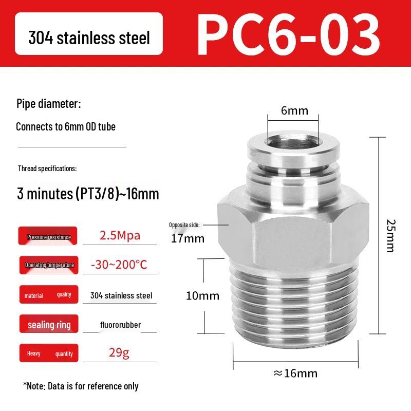 304 Stainless Steel Pneumatic Quick Push-in Connector, PC16-06/PC8-02 Swivel Elbow, PL6-M5/04