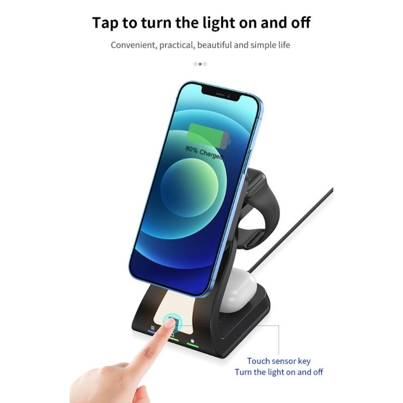 Magnetic Wireless Charging Station ABS Texture Suitable for Phone Watch Earphone Fast 15W Charging Built In Night Light