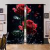 2Pcs Blooming Red Roses With Water Drops Printed Curtain Glam Style For Bedroom Office Kitchen Living Room Study Bathroom