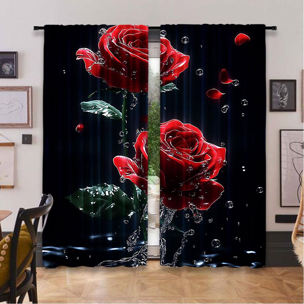 2Pcs Blooming Red Roses With Water Drops Printed Curtain Glam Style For Bedroom Office Kitchen Living Room Study Bathroom