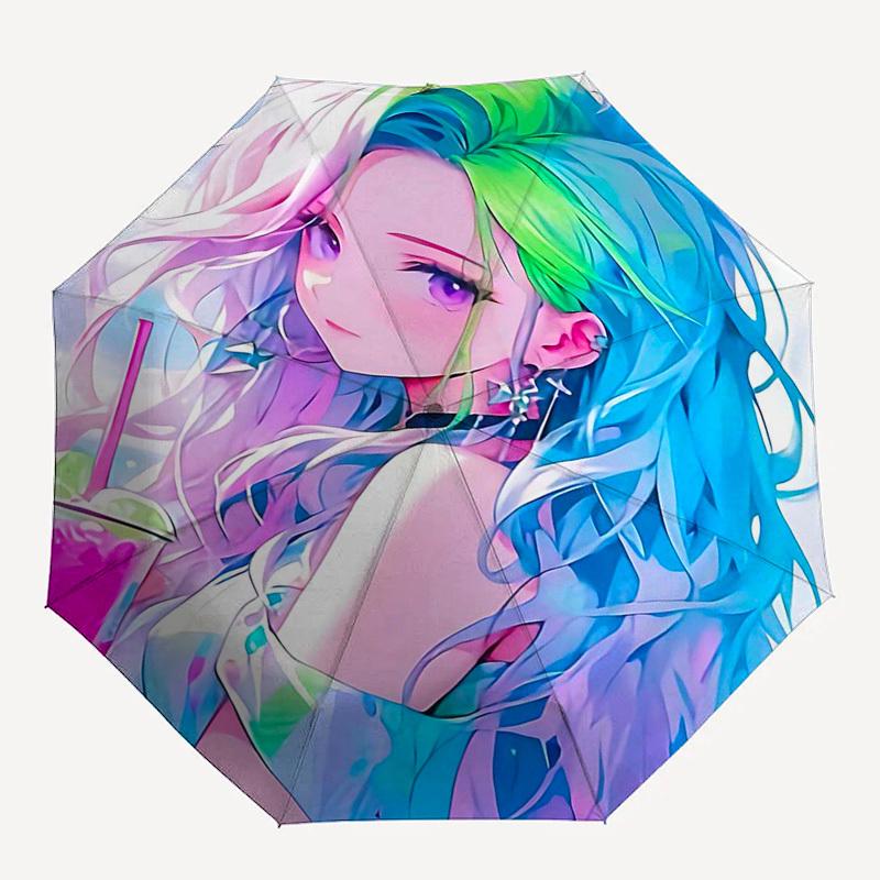 1pc Rainbow Hair Anime Girl Outdoor Umbrella - Automatic Opening/Closing, Portable 3-Fold Design with 8 Iron Ribs - Perfect Gift for Fans, Travelers,