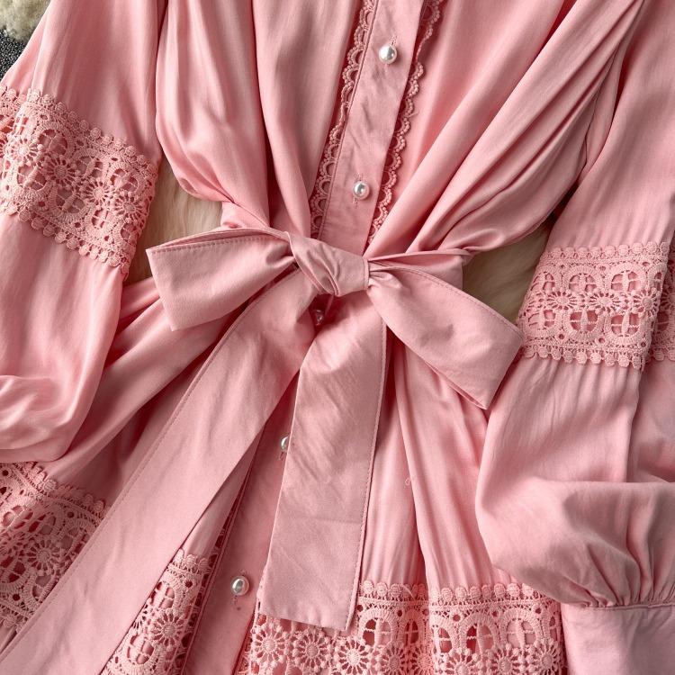 Luxury Party Dress for Women Long Lace Hollow Out Bandage Runway Patchwork Solid Lantern Sleeve Single Breasted Stand Dress