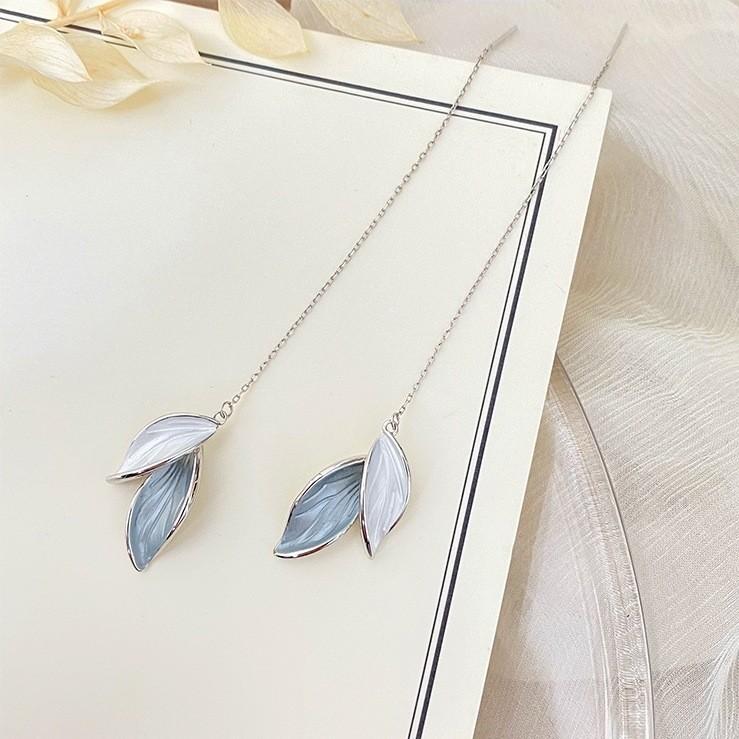 Fashion Jewelry 925 Sterling Silver Enamel Leaf Tassel Chain Earring for Women Simple Casual Earring Piercing Jewelry