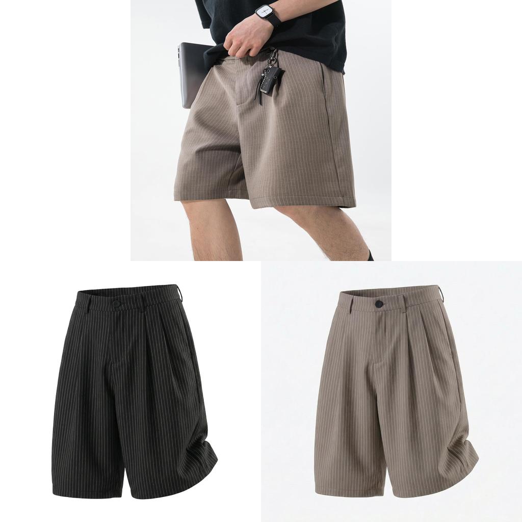 Vintage Striped Men Shorts With Pleated Design For Casual Summer Youth Wear