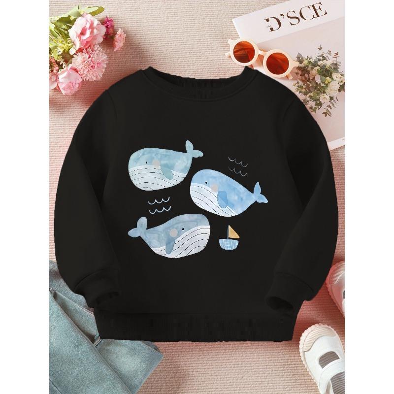 Kids Sweatshirt ,Round Neck,Spring/Autumn Cartoon Blue Whale Sailboat Cute Ocean Style Children's Top, Loose Fit Versatile Printed Casual Sweatshirt