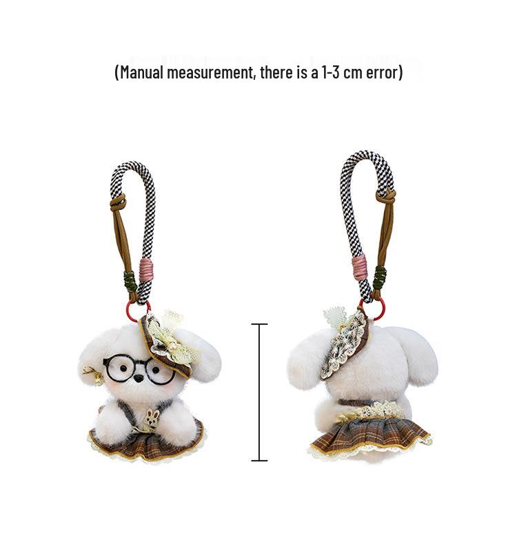Cartoon Cute Glasses Puppy Plush Pendant – Soft Barley Dog with Skirt and Colorful Rope Doll