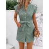 European and American Summer V-neck Single-Breasted Stripe Pocket Age-Reducing Casual Temperament Short Sleeve Jumpsuit Shorts Jumpsuits