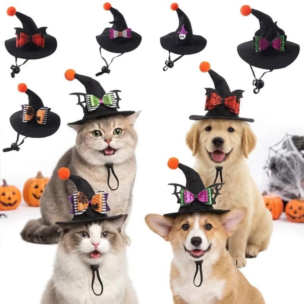 Adjustable Strap Cat Witch Costume Cap Pointed Brim Skeleton Spider Pet Hat Trick or Treat