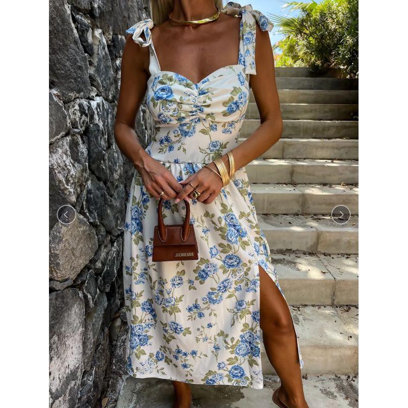 

Сладкое Летнее Новое Платье в Западном Стиле с Цветочным Принтом, Открытой Спиной, Сексуальное, Эластичной Талией, Приталенное, с Разрезом, Миди-Длины, на Бретелях Blue flowers on white background M