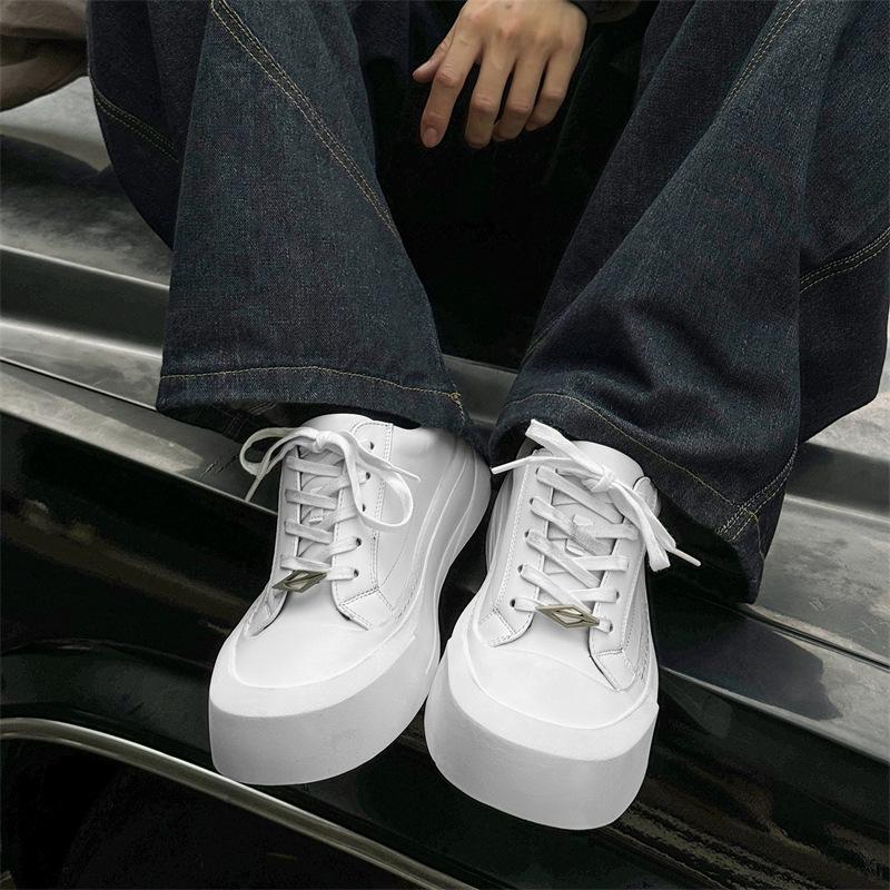 Couple round head derby shoes niche thick sole heightening casual board shoes men's and women's white shoes black trend 66642-M