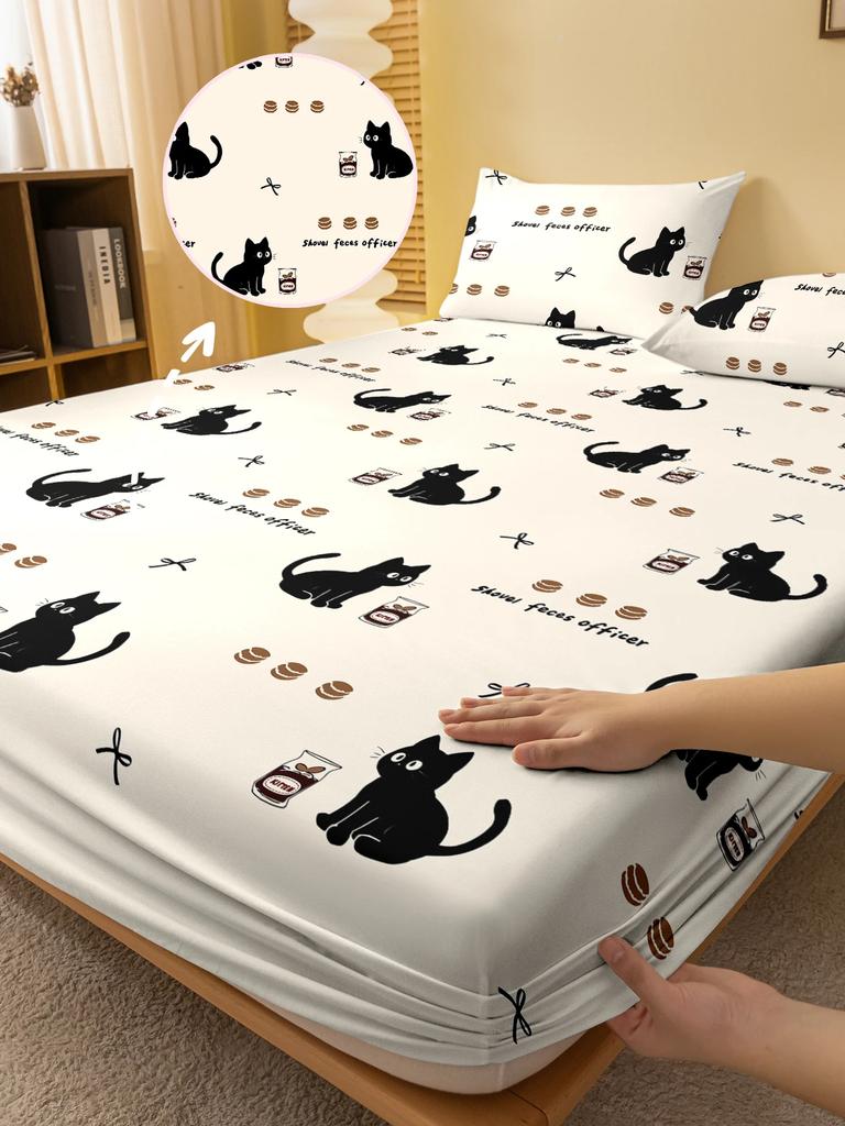 Cartoon 1 Cute Animal Cat Printed Matte Fitted Sheet, Bedroom Printed Bed Cover, Bedding Excluding Pillowcases