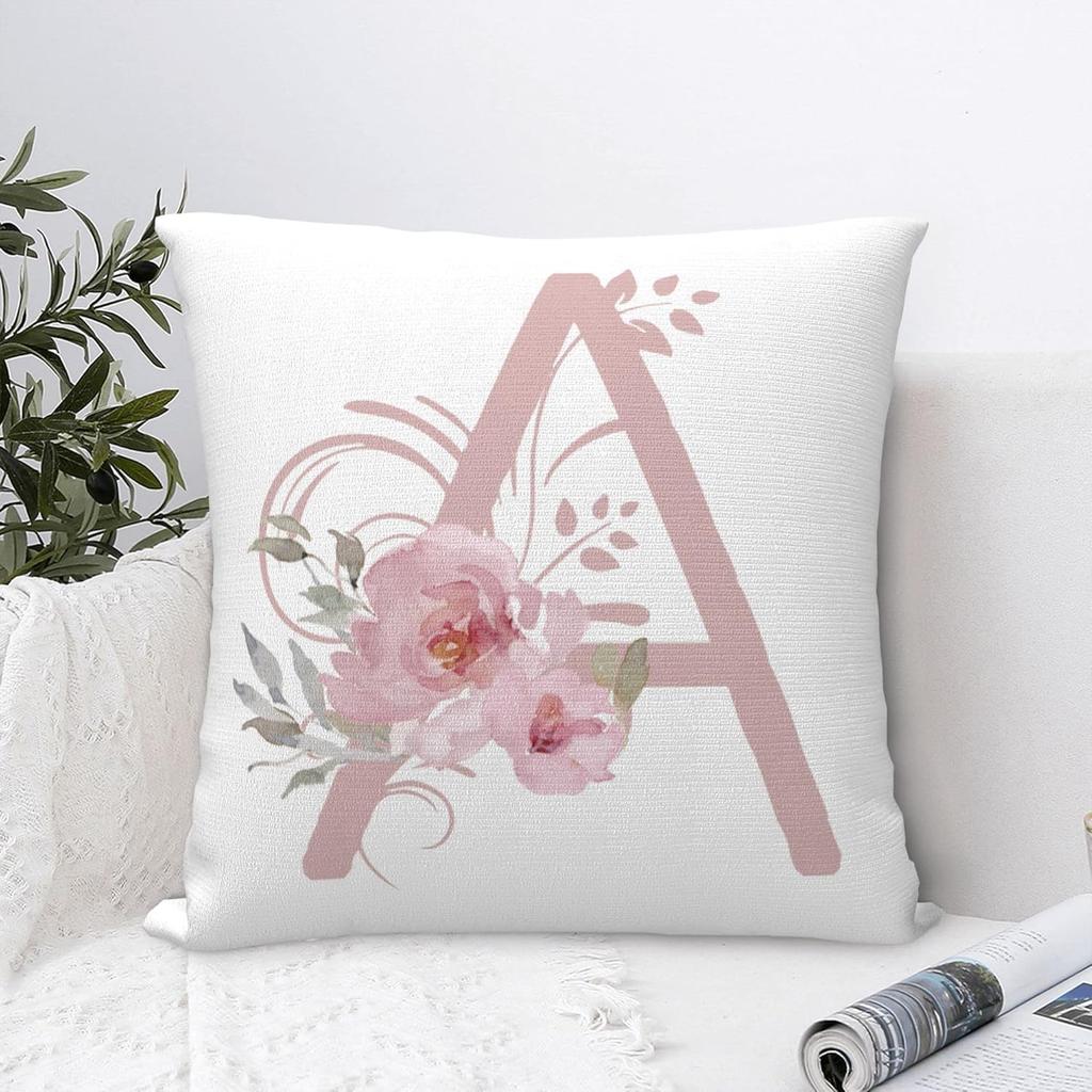Alphabet A Throw Pillow Covers, 18" X 18" Pink Floral Monogrammed Pillow Cases - Letter A Pillow Covers - Initial Pillow Cover - Soft Square Cushion