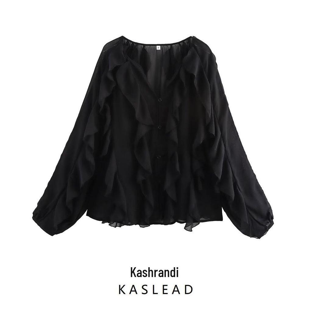 2025 Spring Women's European-American Layered V-neck Long-Sleeve Fashion Shirt