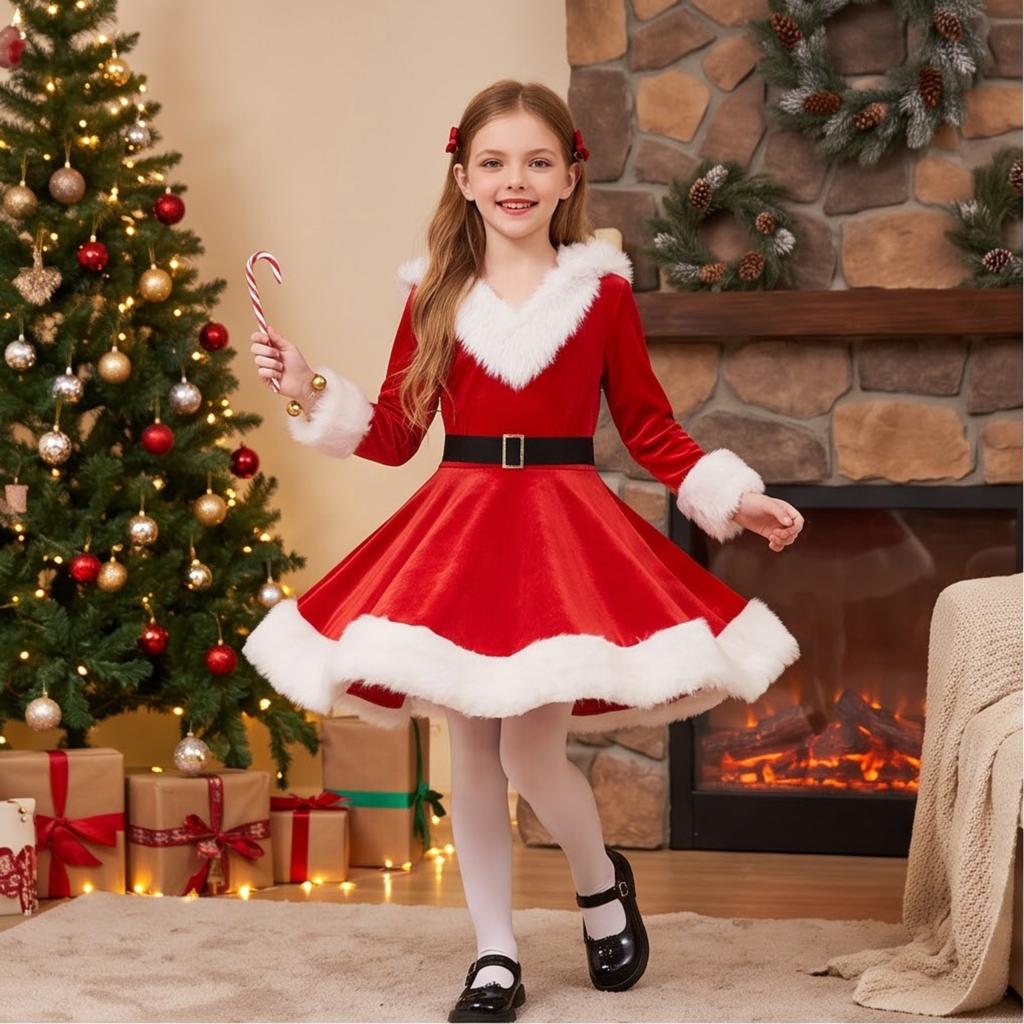 Mädchen Langarm Weihnachtskleid Set, Westliches Herbst Winter Frühling Feiertagsoutfit für Kinder