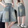 Shorts Jeans Rasgados de Comprimento no Joelho Estilo Retro Gótico Y2K com Estampa de Estrela para Adolescente Moda Casual Jeans Capri de Meia-Panturrilha