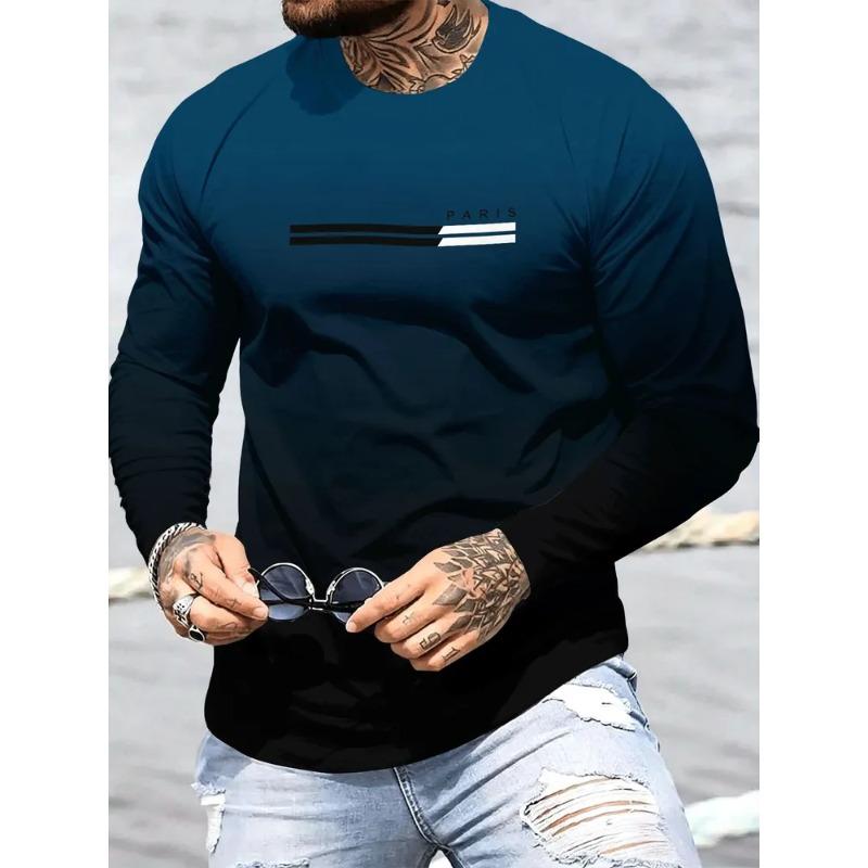 Autumn and Winter Men's Striped Geometric 3D Printed Crew Neck Long Sleeve T-Shirt