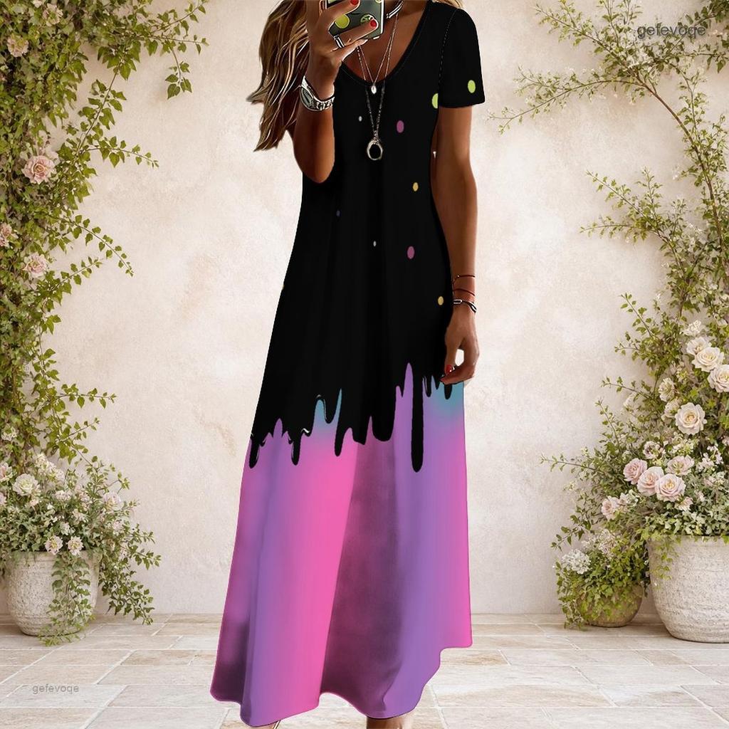 Women Plus Size V Neck Short Sleeve Polka Dot Printed White Black Straight Maxi Dress