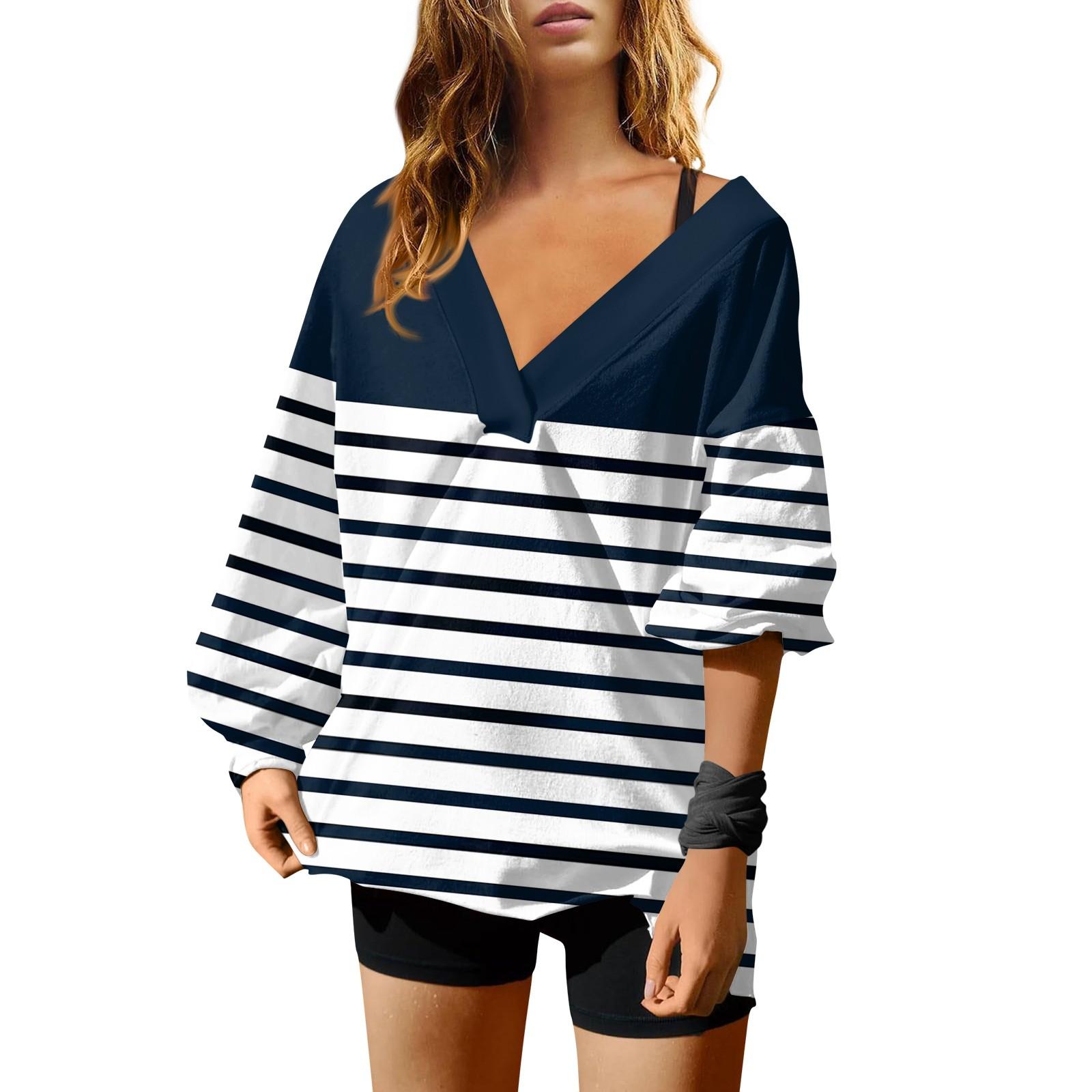 Женская мода полосатый принт V-образный вырез длинный рукав свободный пуловер свитшот — фото 3