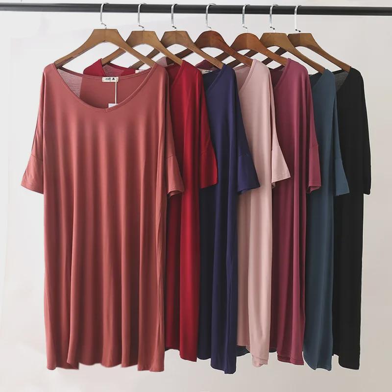 Plus Size Modální tričkové šaty s polovičními rukávy - Jarní/letní noční košile