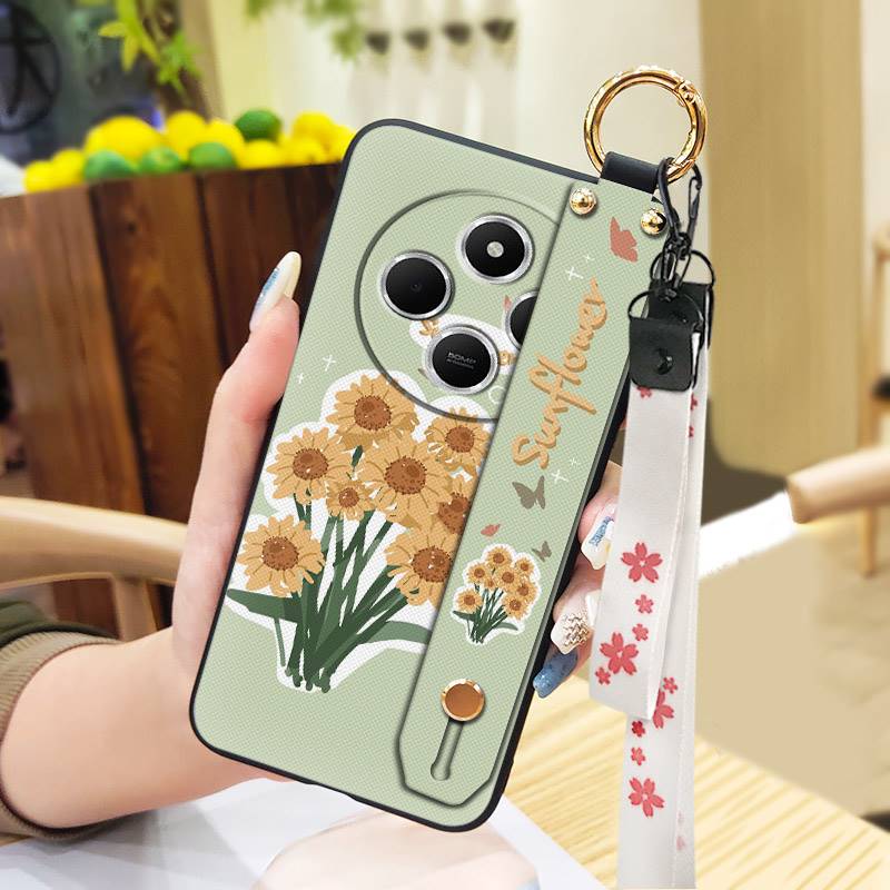 Silicone Soft case Phone Case For Redmi A4 5G Wrist Strap Ring Kickstand Flower Anti-dust Lanyard Phone Holder Durable