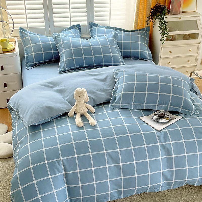 Vierteiliges Bettwäsche-Set, Bettwäsche, Gewaschene Baumwolle Sandgestrahlt Verdickter Bettbezug, Stepplaken, Studentenwohnheim Einzelbettbezug Dreiteiliges Set
