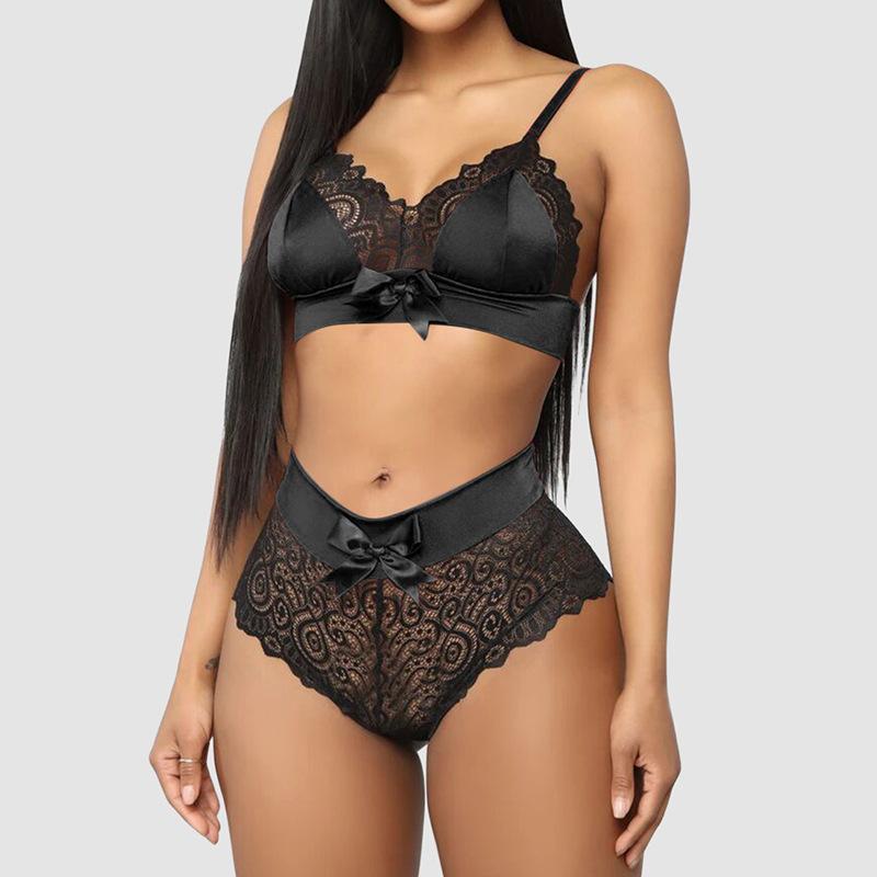 

Sexy Hollow Bra Underwear Women Lace Nightwear Linerie Set XL чорний