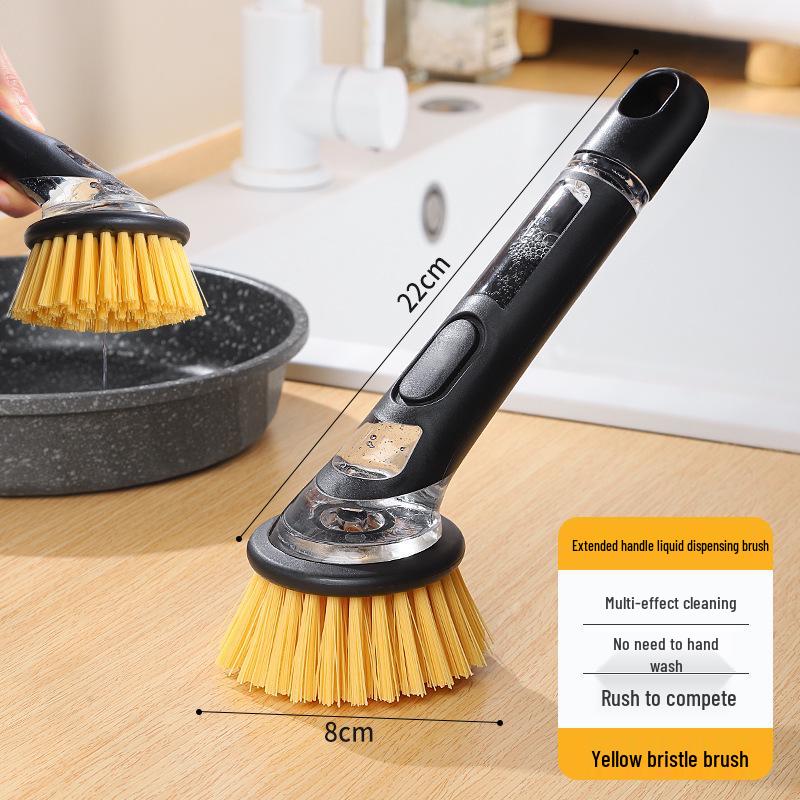 Long Handle Dishwashing Brush with Automatic Liquid Dispensing, Sponge, and Steel Wire for Pot Cleaning