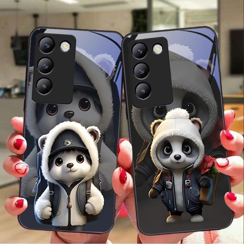 Cute Little Panda For Y72 33S 11 03 36 96 Lite 35 16 Iqoo 12 V40 SE 5G 29 40 21 30 X80 Pro Vivo Tempered Glass Phone Case Black
