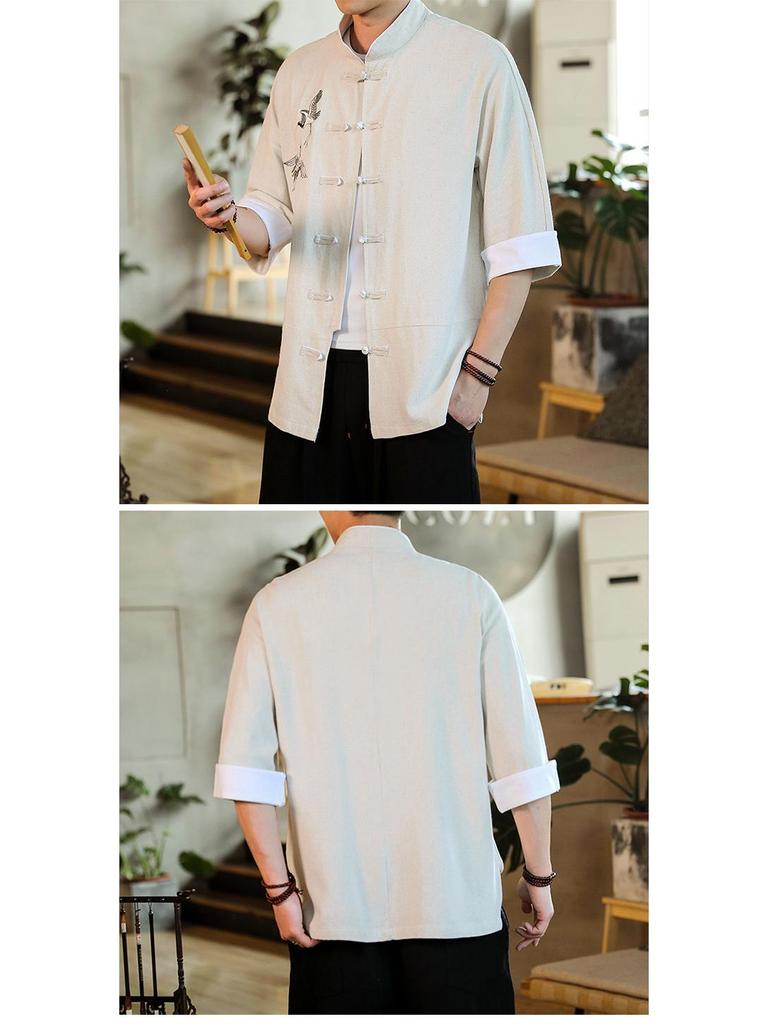 Spring/Summer 2020 Men's Cotton Linen Embroidered Seven-Sleeve Shirt with Frog Buttons - Retro Hanfu Style