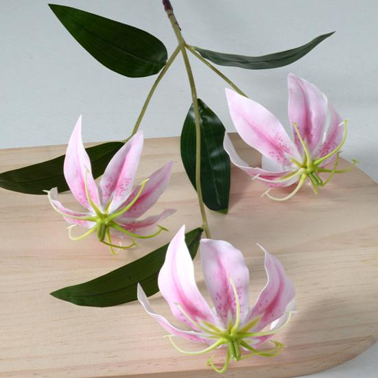 Artifical Lily Flower with 3 Heads Full Bloom And Leaves Long Stem Faux