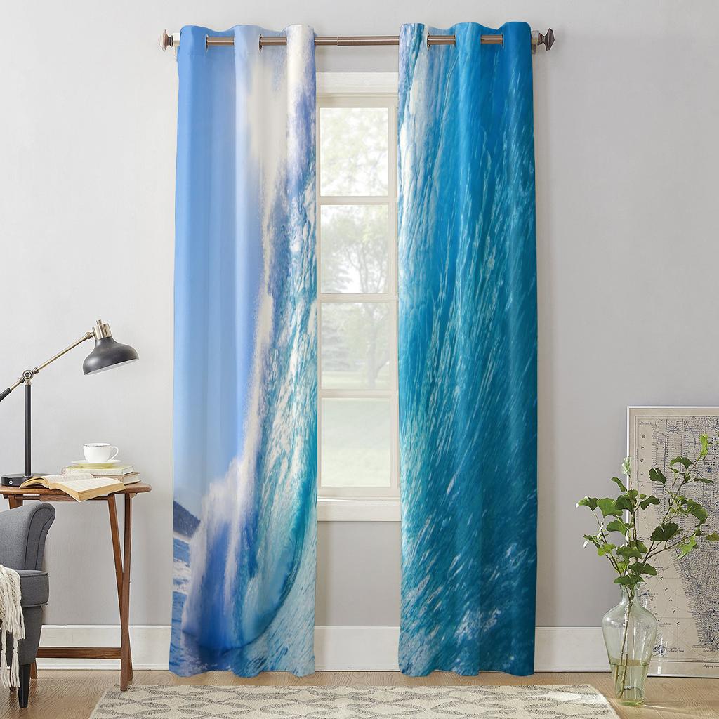 Blue Sea Waves Scenery Windows Curtains Living Room Bedroom Window Treatments Household Kitchen Curtains
