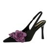 Fashion European Banquet Hollowed-Out Tripod Strap Pointed Toe Slim Heels High Heels Color-Blocked Flowers Light Mouth Single Shoes