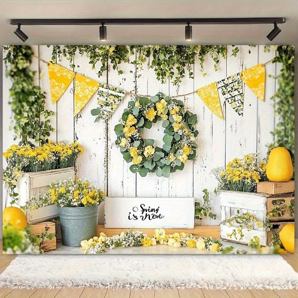 2D plan view, 1 lemonade stand background, decorated with spring flower patterns - yellow