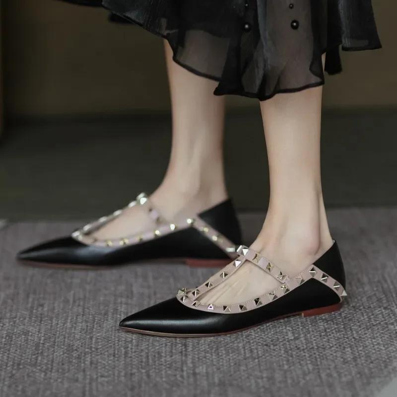 fashion Women's Shoes 2024 High Quality Slip-on Women's Flats Fashion Rivet Office and Career Sexy Pointed Toe Flat Low Heels Zapatos