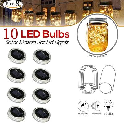 Solar Mason Jar Lights with 8 Handles 10 Led String Lights Fairy Solar Lights Lids Jar Decoration Garden Party Christmas Decor