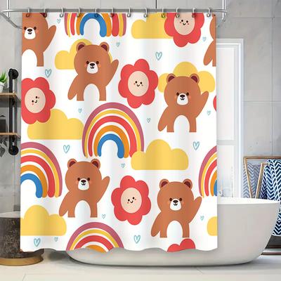 Adorable Cartoon Bears Flowers Shower Curtain For Kids Bathroom Decor White Background With Clouds And Rainbows Pattern – 72 X 8
