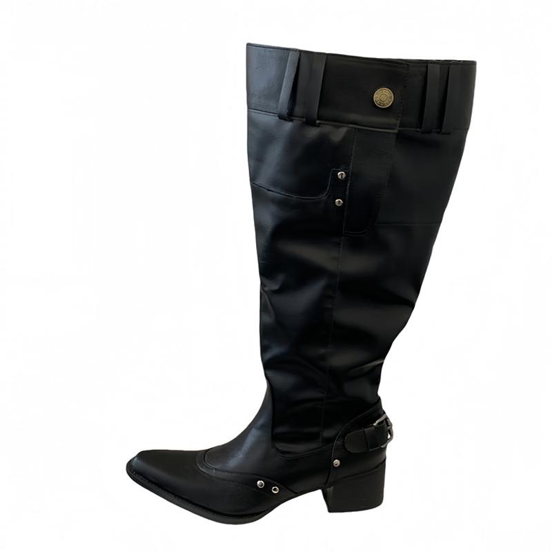 Mode Liyke Herbst Winter Neuer Stil Knopfriemen Kniehohe Stiefel Frau Vintage Spitzschuh Niedrige Dicke Absätze Schuhe Weibliche Lange Stiefeletten