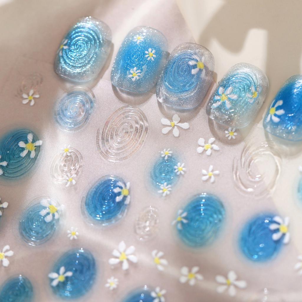 5D Ocean Nail Art Stickers Blue Water Wave Daisy Spiral Pattern Self-adhesive Seaside Nail Decal DIY Manicure Decoration