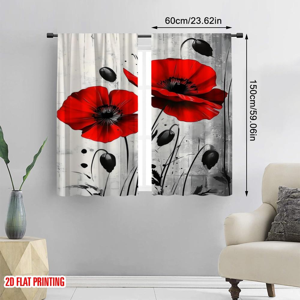 2Pcs,2D Plane Printing Curtain Popular Red Poppy Duo Versatile Fabric (Without Rod) Home Decor Ldeal For Season Home Decor For