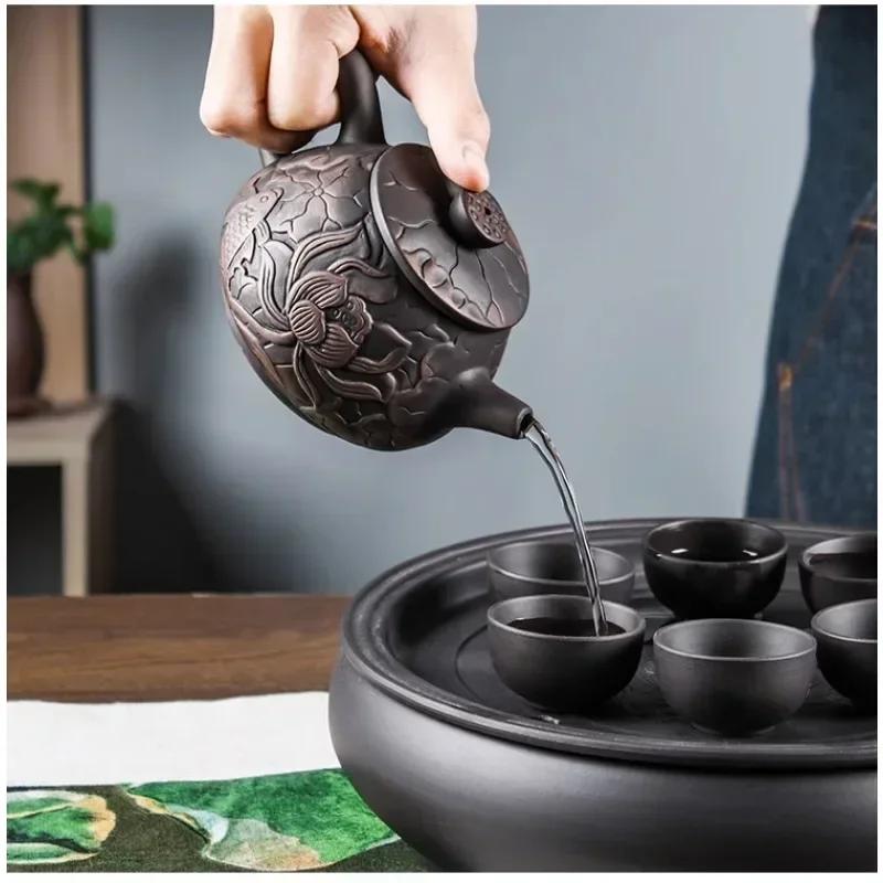 Yixing Tea Pot Purple Sand Tea Pot Beauty Pot Black Mud Handmade Carving Lotus Rhyme Illustration Household Handmade Tea Set