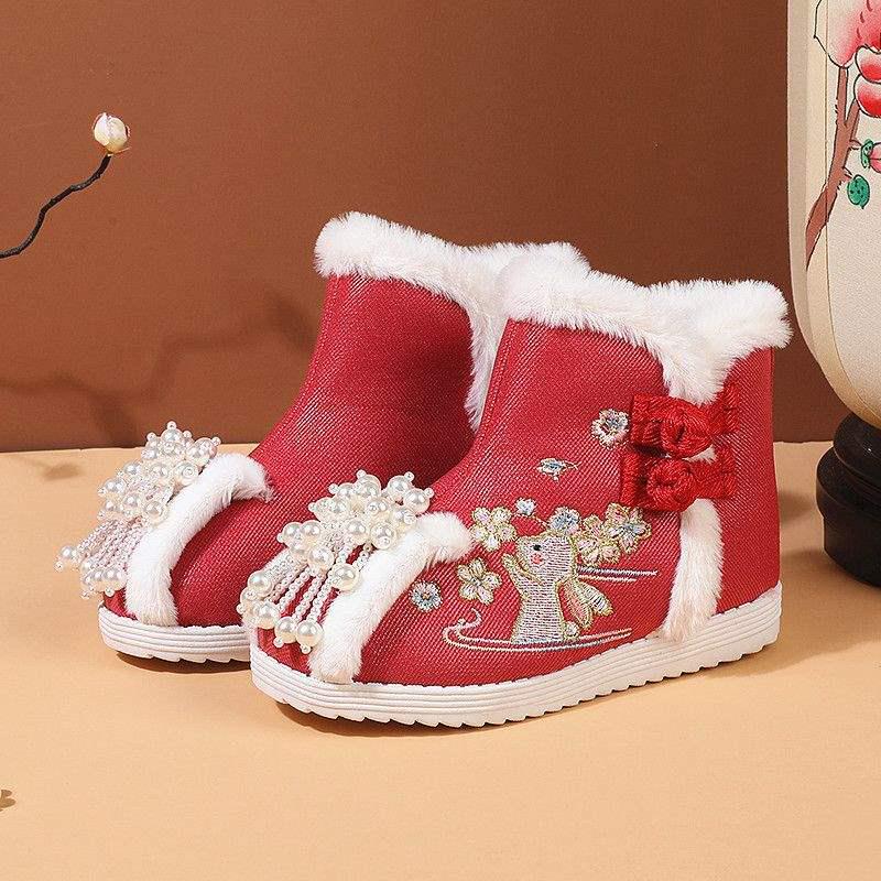 Cizme de Bumbac Căptușite cu Lână Hanfu pentru Copii - Stil Iarnă 2026, Pantofi Tradiționali Chinezești Brodați pentru Fete