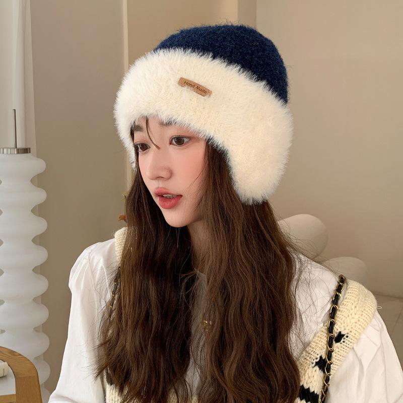 Hat Women'S Big Head Circumference Knitted Wool Hat Winter Warm Thickened Plush Hat Versatile Contrasting Color Ear Protector Cold Hat