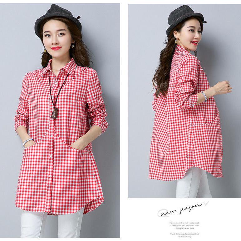 2024 Women's Korean Style Plaid Cotton Long Sleeve Loose Casual Shirt - Plus Size, Mid-Length