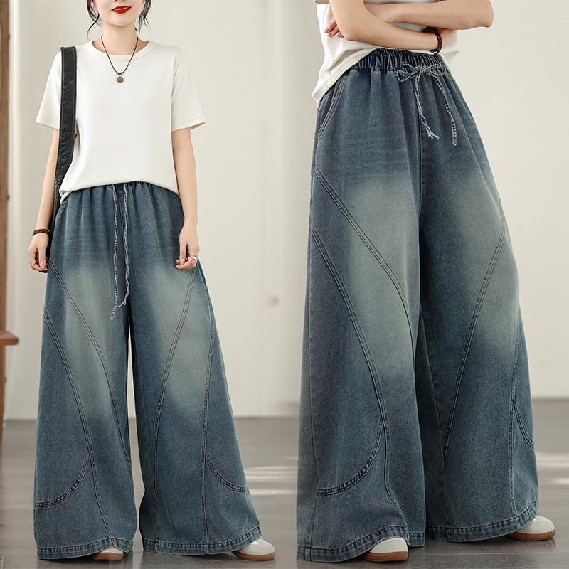 DIMANAF 2026 Sommer Neue Große Größen Damen Jeans Elastischer Bund Lange Hosen Blau Locker Lässig Denim Baumwolle Hosen Hosen