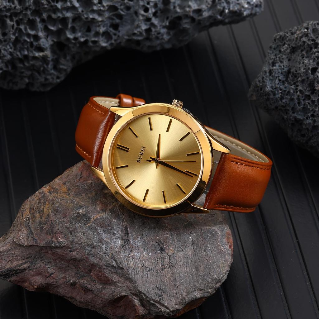 BUREI Men's Analog Quartz Watch, Waterproof, Popular, Slim, Simple, Stylish, Business, Casual, Leather Strap (Gold, Brown, Leather)