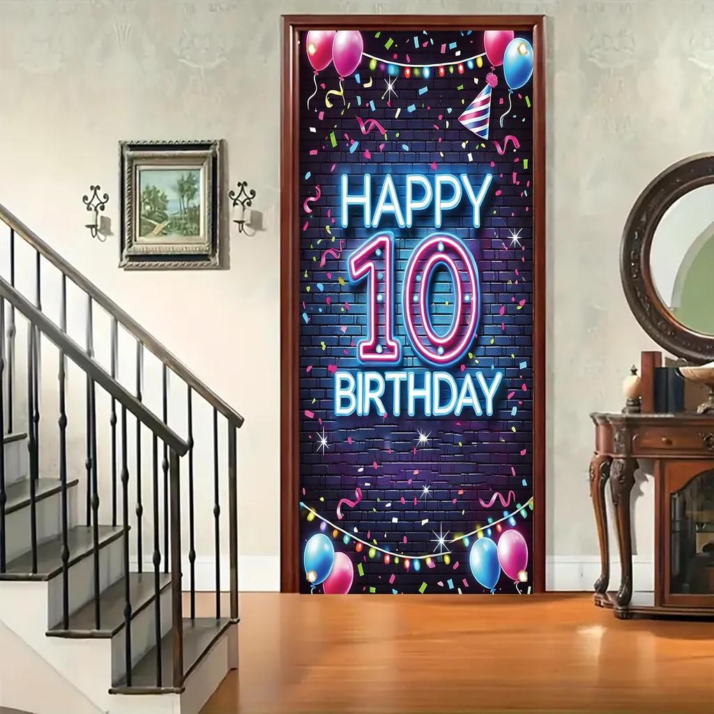10th Birthday Door Cover Neon Party Decoration Colorful Balloon Gift Banner for Kids Teen Celebration Entrance Boys Girls Photo Booth Backdrop